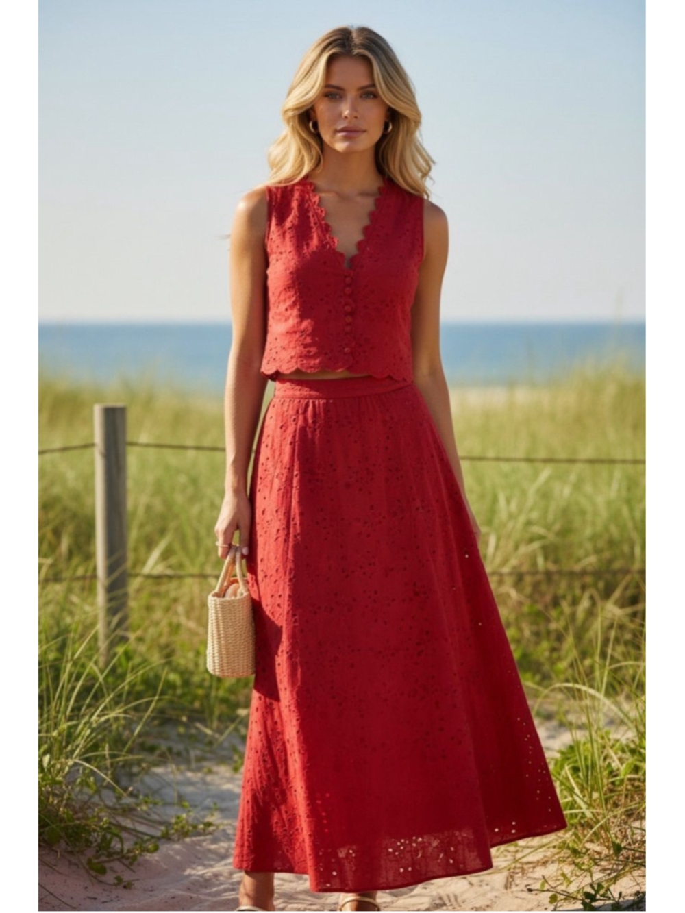 65.) Commense| Lg Top Med Skirt| Red Eyelet Skirt Set| NWT